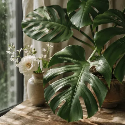 Tropical Monstera Leaves with White Flowers