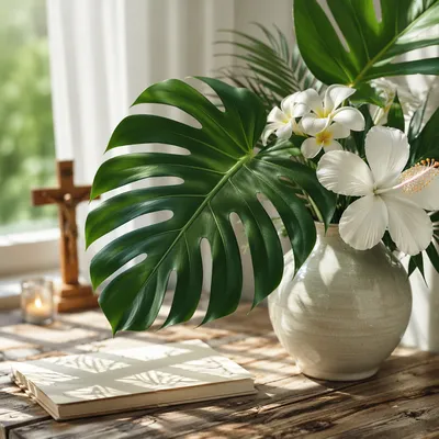 Monstera Leaves and White Flowers by Window