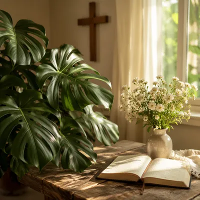 Sunlit Monstera Prayer Corner with Cream Flowers
