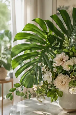 Sunlit Monstera Leaves with Soft Flowers