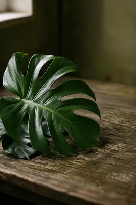 Glossy Monstera Leaf on Weathered Wood