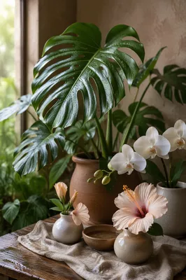 Tropical Monstera and Soft Floral Still Life