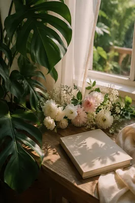 Monstera Leaves with Soft Morning Flowers