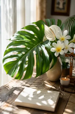 Monstera Plant with White Tropical Flowers