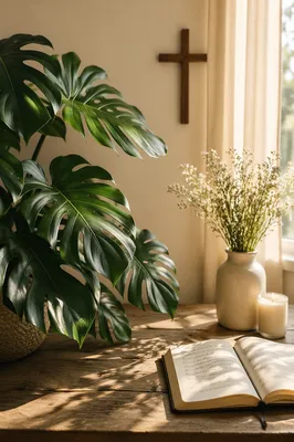 Sunlit Monstera Prayer Corner with Cream Flowers