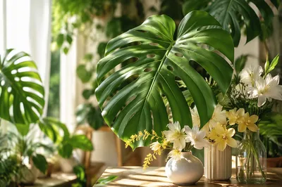 Sunlit Monstera and White Flowers Arrangement