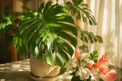 Sunlit Monstera and Tropical Flowers Arrangement