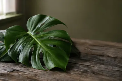 Glossy Monstera Leaf on Weathered Wood