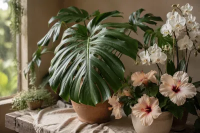 Tropical Monstera with Orchids in Morning Light