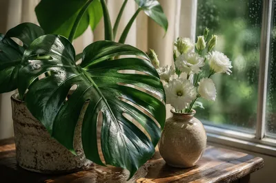 Monstera Leaves with White Flowers