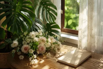 Monstera Leaves with Soft Morning Flowers