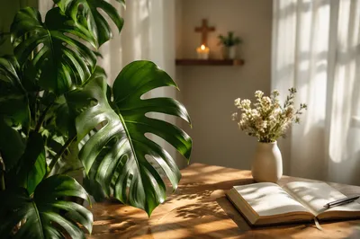 Sunlit Monstera Leaves with Cream Flowers