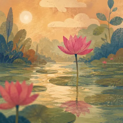 Serene Pink Lotus Pond at Golden Hour