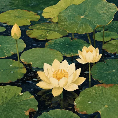 Serene Lotus Blossoms on Sunlit Pond