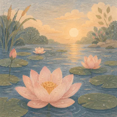 Serene Dawn Lotus Flowers on Garden Pond