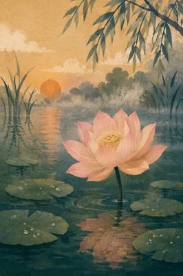 Serene Lotus Flower at Sunrise Pond