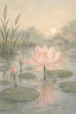 Serene Pink Lotus on Morning Pond