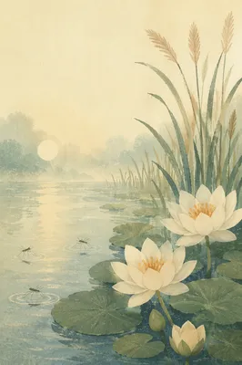 Serene White Lotus Pond at Dawn