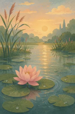 Serene Pink Lotus on Morning Pond