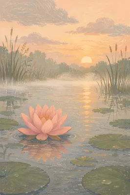 Serene Dawn Lotus on Misty Pond