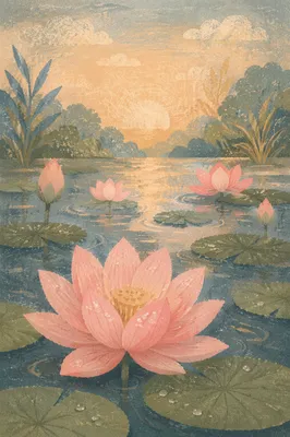 Serene Lotus Flowers on Dawn Pond