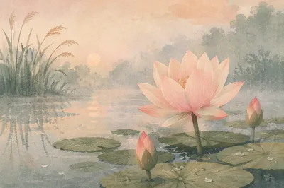 Serene Pink Lotus on Morning Pond