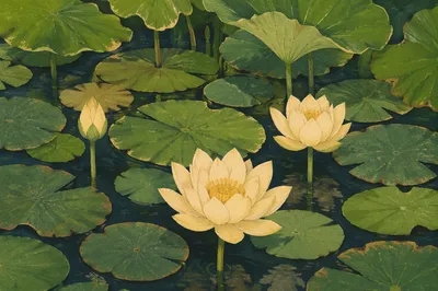 Serene Lotus Blossoms Over Garden Pond