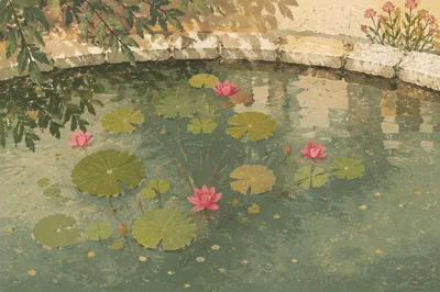 Serene Lotus Pond with Magenta Blossoms