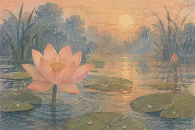 Serene Pink Lotus in Dawn Pond