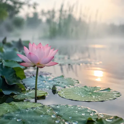 Serene Lotus Flower at Dawn Pond