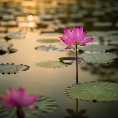 Serene Pink Lotus Pond at Golden Hour