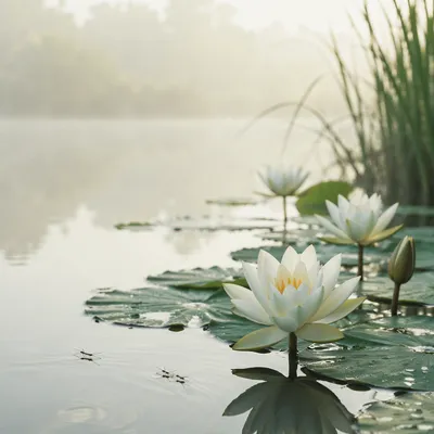 Serene White Lotus Pond at Dawn