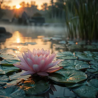 Serene Pink Lotus on Morning Pond