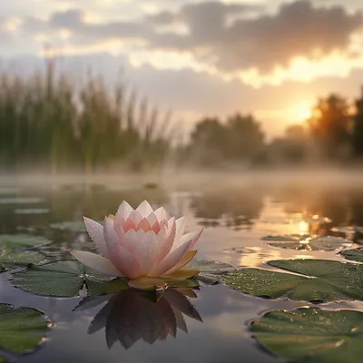 Serene Dawn Lotus on Misty Pond
