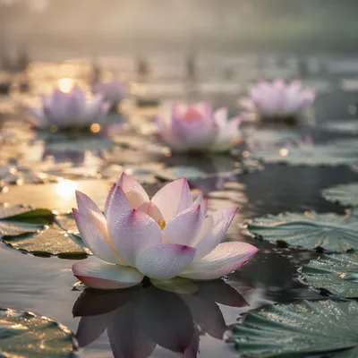 Serene Lotus Flowers on Dawn Pond