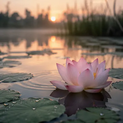 Serene Dawn Lotus on Reflective Pond