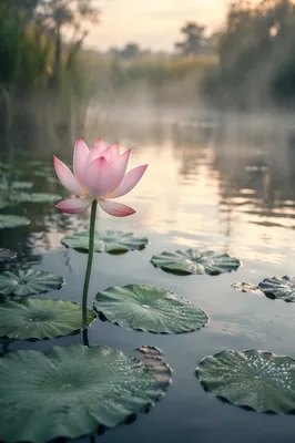 Serene Pink Lotus at Dawn Pond