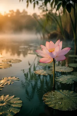 Serene Lotus Flower at Sunrise Pond