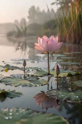 Serene Pink Lotus at Dawn Pond