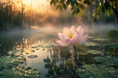 Serene Pink Lotus at Sunrise Pond