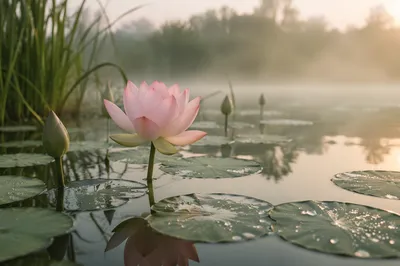 Serene Pink Lotus on Morning Pond