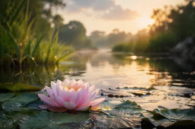 Serene Pink Lotus on Morning Pond