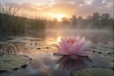 Serene Pink Lotus on Misty Dawn Pond