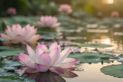 Serene Lotus Flowers on Dawn Pond