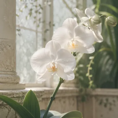 Elegant White Orchid in Sunlit Conservatory