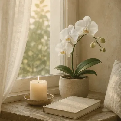 Elegant White Orchid by Morning Candlelight