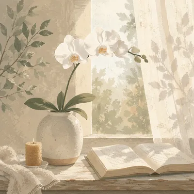 White Orchid on Sunlit Windowsill Still Life