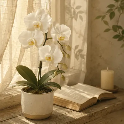 White Orchid on Wooden Windowsill
