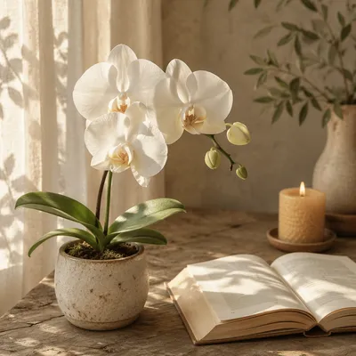 White Orchid on Sunlit Wooden Table