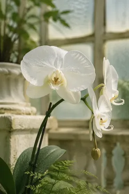 Elegant White Orchid in Sunlit Conservatory